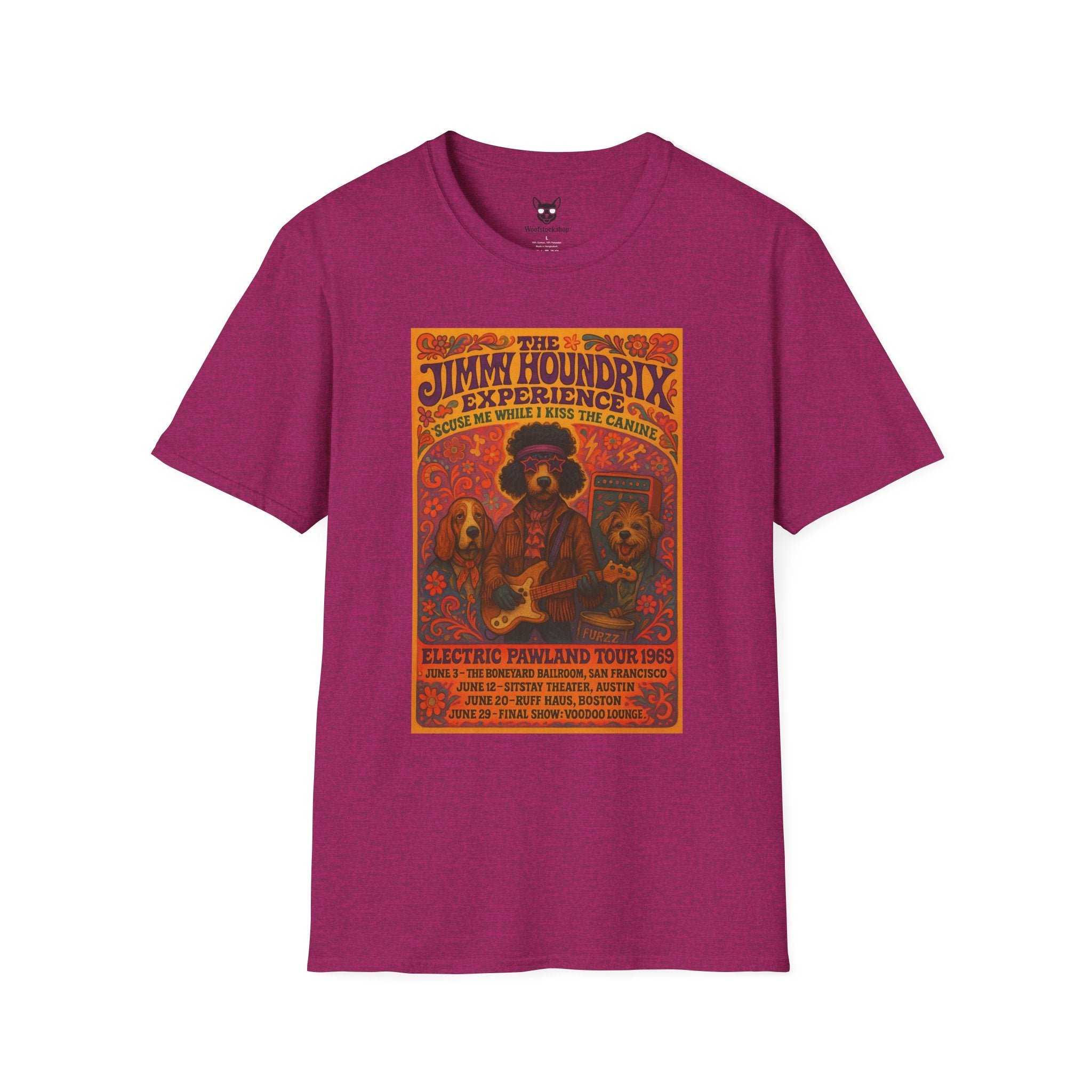 Jimi Hendrix Concert Poster Dog Parody Unisex Softstyle T-Shirt -- Funny Rock Tee for Music and Dog Lovers